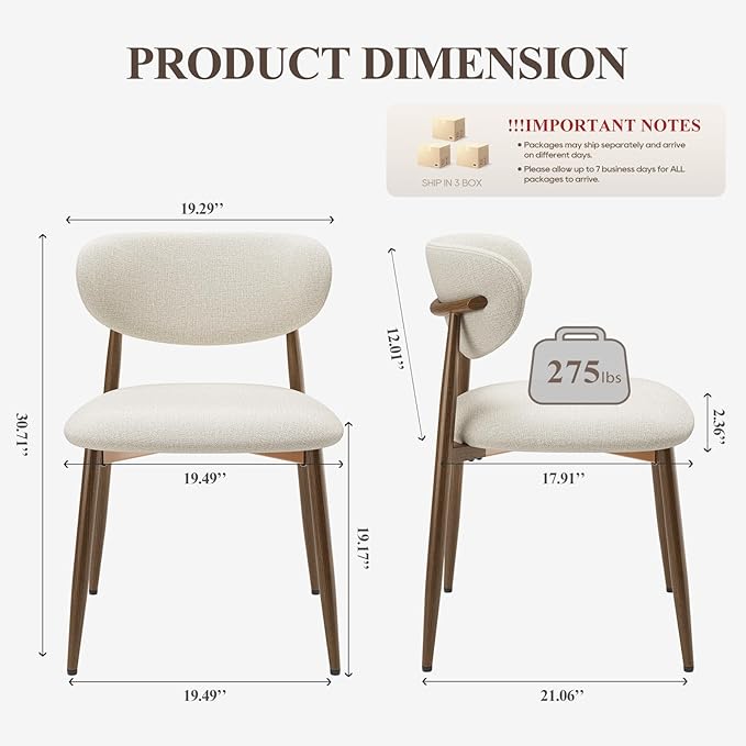 Dining Chairs Set of 6, Upholstered Dining Room Chairs with Metal Legs and Anti Slip Pads, Curved Back Wood Kitchen Chair for Home and Restaurant Use, Beige