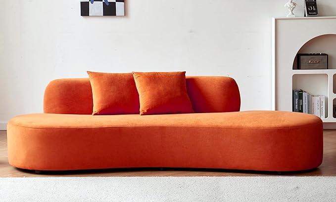 90" Curved Sofa with Throw Pillows, 4 Seater Luxury Velvet Couch with Half Moon Design and High-Density Foam, Ideal for Modern Living Room, Office & Apartment, Red Orange
