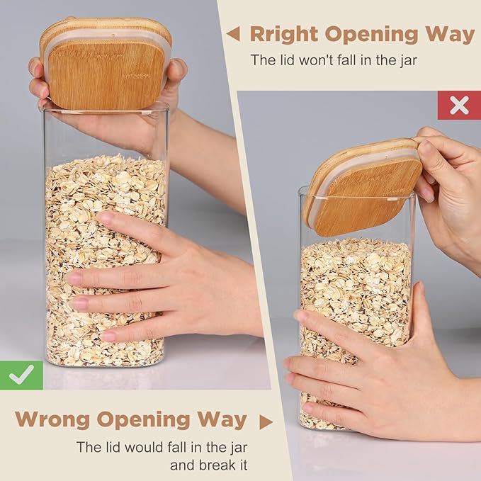 Glass Food Storage Jars Square 51oz, 3 Pack Glass Jars With Bamboo Lids, Kitchen Storage Containers For Spice, Candy, Cookie, Storage For Pantry Organizers