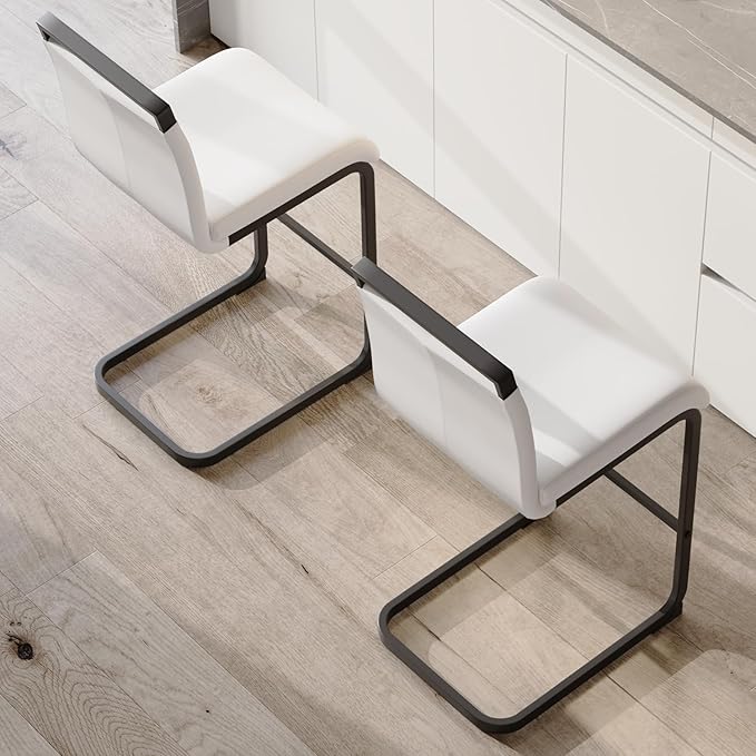 Bar Stools Set of 2,25" Counter Height Bar Stools with Footrest,White Faux Leather Kitchen Stool with Black Painted Metal Leg,Counter Height Stool Ideal for Island Pub Kitchen Counter Dining Chair