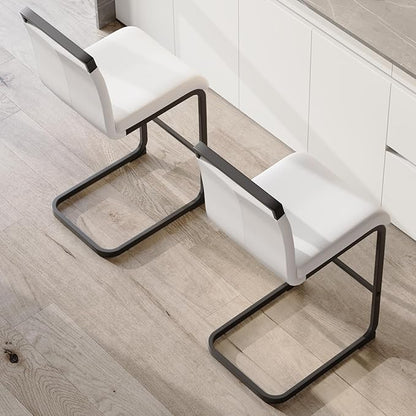 Bar Stools Set of 2,25" Counter Height Bar Stools with Footrest,White Faux Leather Kitchen Stool with Black Painted Metal Leg,Counter Height Stool Ideal for Island Pub Kitchen Counter Dining Chair