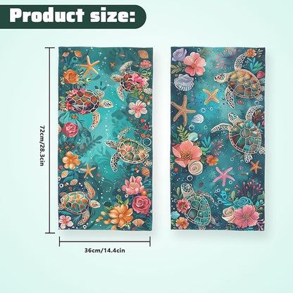 Sea Turtle Starfish Kitchen Dish Towels Set of 2 16x24 Farmhouse Holiday Tabletop Decor Coral Floral Turquoise