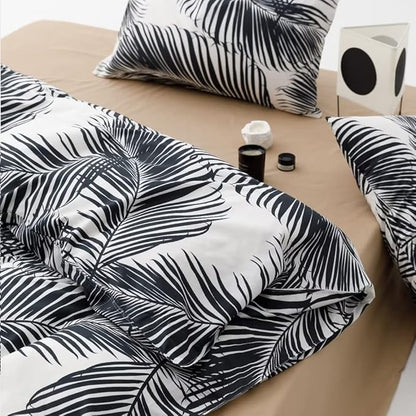 Pureant Boho Black Botanical Comforter King Set - Black and White Feather Quilts for Women, Girls - Tropical Bohemian Rustic Palm Leaves Plant Bedding