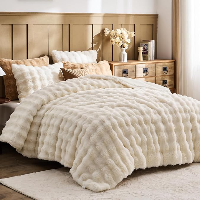 Lotus Karen Faux Fur Full Comforter Set – Cream White Fluffy Comforter Full Size, Big Bubble Faux Rabbit Fur Bedding Comforter Sets, Warm Cozy Fuzzy Bed Set 3 Pieces, 1 Comforter and 2 Pillowcases