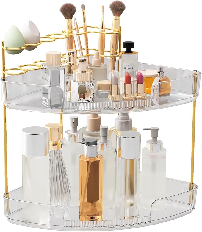 FELIZHOUSE 2-Tier Makeup Organizer for Vanity & Bathroom Countertop – Acrylic Storage Shelf with Perfume Makeup Brush Holder, Tool-Free Installation, Design for Bathroom & Dresser - Clear