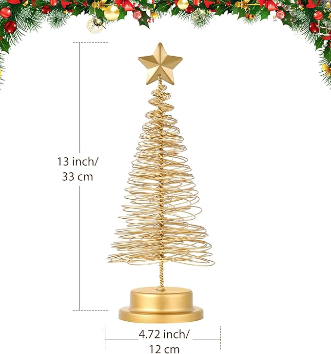 Lewondr Christmas Tree Light, 13 Inch Spiral Christmas Tree Desk Decorative Light, Battery Powered Star Table Lamp with Metal Stand Home Bedroom Decor Xmas Ornament, Gold