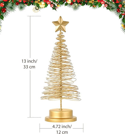 Lewondr Christmas Tree Light, 13 Inch Spiral Christmas Tree Desk Decorative Light, Battery Powered Star Table Lamp with Metal Stand Home Bedroom Decor Xmas Ornament, Gold