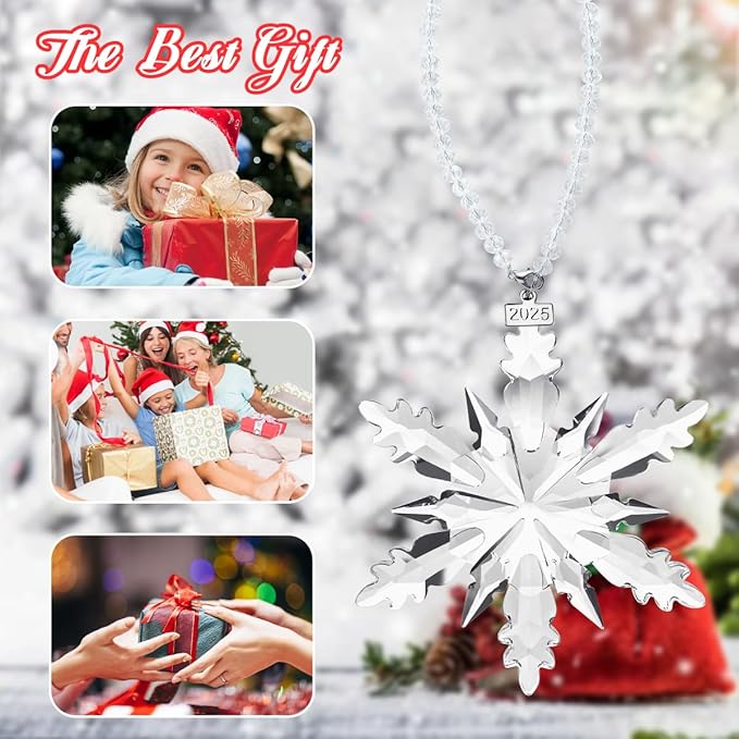 2025 Annual Edition Snowflake Christmas Ornament, Large Crystal Ornaments Display Winter House Decor with Gift Box（Clear B）