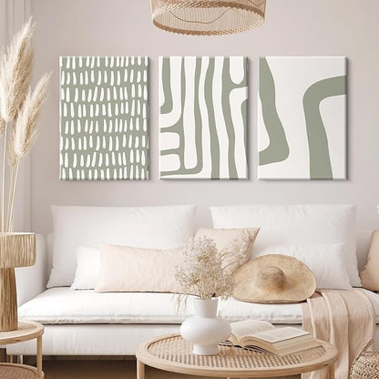 Minimalist Neutral Wall Art Decor Sage Green Boho Canvas Poster Abstract Modern Painting Wall Art Mid Century Beige Pictures Prints Gallery Line Wall Art for Bedroom 16x24 Inch Wrapped Canvas Set of 3