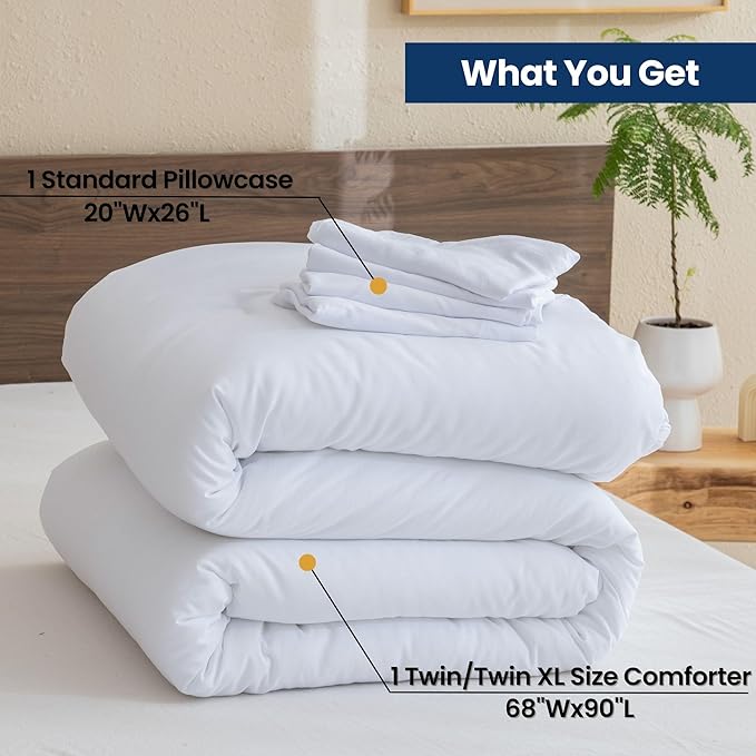 Paxrac White Comforter Twin/Twin XL Size, 2 Pieces Extra Long Comforter Set for Dorm, Lightweight Solid Bedding Set, All Seasons Soft Breathable Twin Comforter Set (68x90In Comforter & 1 Pillowcase)