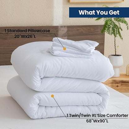 Paxrac White Comforter Twin/Twin XL Size, 2 Pieces Extra Long Comforter Set for Dorm, Lightweight Solid Bedding Set, All Seasons Soft Breathable Twin Comforter Set (68x90In Comforter & 1 Pillowcase)