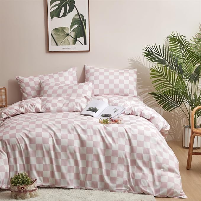 Pureant Pink White Plaid Comforter Sets Full Women Men Bean Pink and White Checkerboard Grid Bedding Comforters Cotton Boys Girls Modern Dusty Pink Checkered Geometric Quilts Luxury Abstract Bed