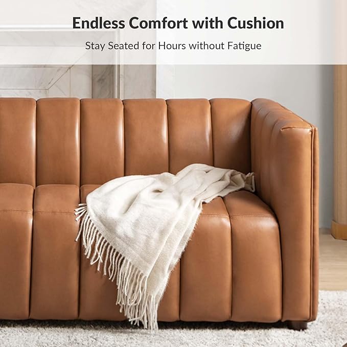 HULALA HOME 83" Genuine Leather Sofa with Channel Tufted Design, 3-Seater Sofa for Living Room Bedroom, Modern Oversized Couch with Wood Legs, Camel