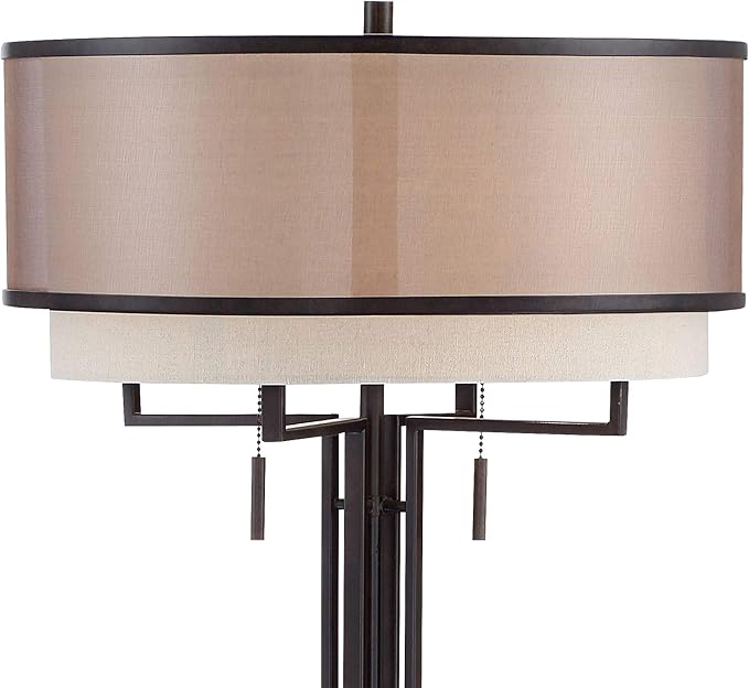 Franklin Iron Works Alamo Industrial Rustic Farmhouse Standing Floor Lamp 62" Tall Bronze Sheer Brown Organza Linen Fabric Double Drum Shades for Living Room Reading Bedroom Office House Home Decor