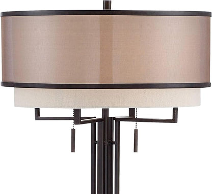 Franklin Iron Works Alamo Industrial Rustic Farmhouse Standing Floor Lamp 62" Tall Bronze Sheer Brown Organza Linen Fabric Double Drum Shades for Living Room Reading Bedroom Office House Home Decor