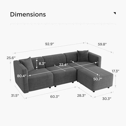Acanva Modern Small Space Sectional Sofa Set, Linen-Like Fabric Couch with Reversible Chaise & Solid Wood Frame, Ideal for Compact Living Room Apartment, L-Shape, Grey