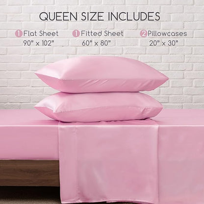 MR&HM Satin Bed Sheets, Queen Size Sheets Set, 4 Pcs Silky Bedding Set with 15 Inches Deep Pocket for Mattress (Queen, Pink)