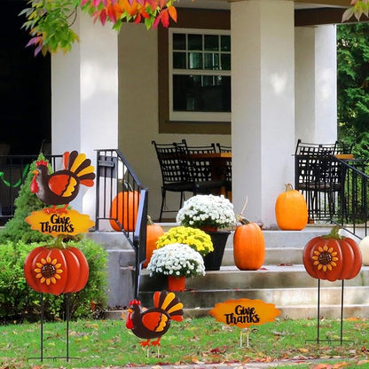 Turkey Thanksgiving Decorations Outdoor 38.5inch with Give Thanks Sign and Sunflowers, Metal Pumpkin Yard Stakes for Fall Garden, Lawn, and Harvest Decorations Outdoor