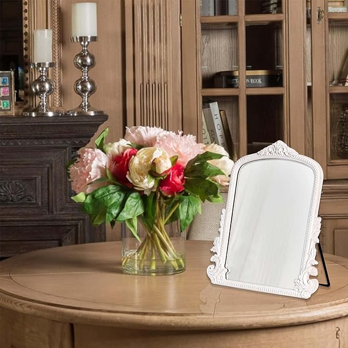 11.8" x 9.6" Small White Arched Vanity Mirror, Vintage Makeup Mirror Baroque Style Arendahl Carved Mirror with Frame for Desk Decorative Table Aesthetic