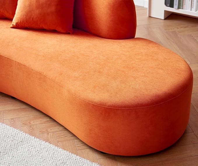 90" Curved Sofa with Throw Pillows, 4 Seater Luxury Velvet Couch with Half Moon Design and High-Density Foam, Ideal for Modern Living Room, Office & Apartment, Red Orange
