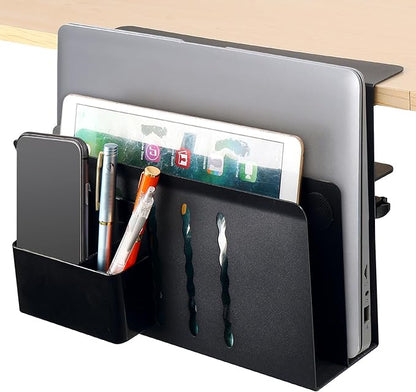 2 TIER Desk Side Storage Upgraded Under Desk Organizer, No Drill Hanging Laptop Holder Under Desk, Clamp-On Table Side Steel Desktop Organization for Office and Home (Black)