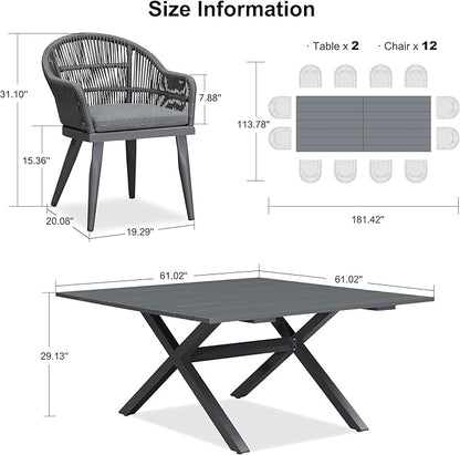 PURPLE LEAF 13 Pieces Oversized Patio Dining Set with Outdoor Aluminium Dining Table and Woven Chairs Modern Metal Furniture Cushions Sets for Garden Yard Indoor Decor Kitchen Gray