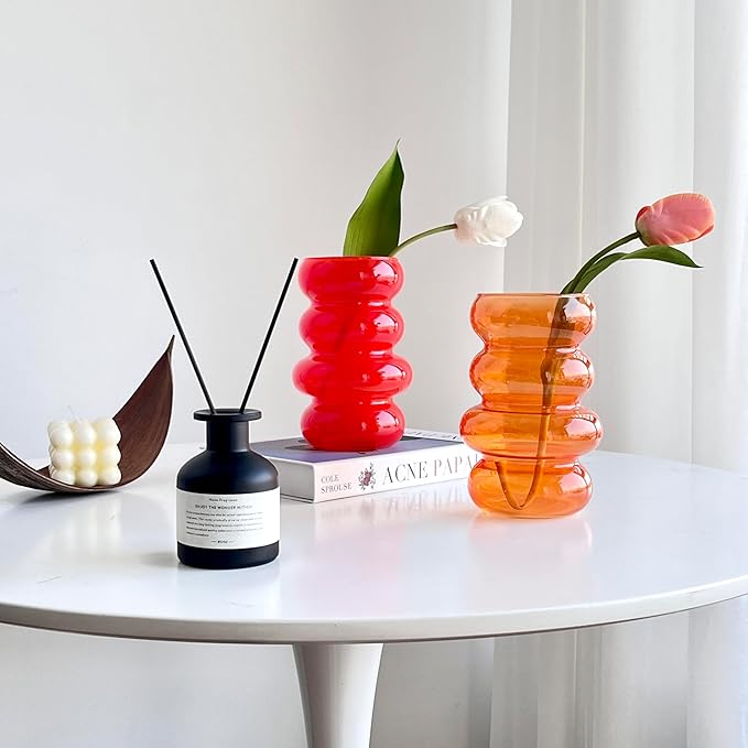BLOFLO Transparent Glass Hydroponic Flower Vase, 7-Inch Orange Glass Vase, Four-Layer Geometric Glass Floral Vase for Home Décor, Modern Bubble Glass Vase for Home Office Wedding Table (Orange)