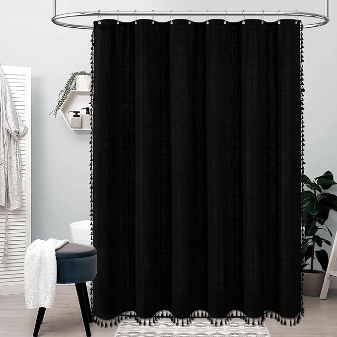 BTTN Extra Long Shower Curtain - 72x96 Inch Long Boho Chic Linen Fabric Heavy Duty Shower Curtain Set with Hooks, Tall Bohemian Farmhouse Luxury Tassel Cloth Shower Curtains for Bathroom - Black