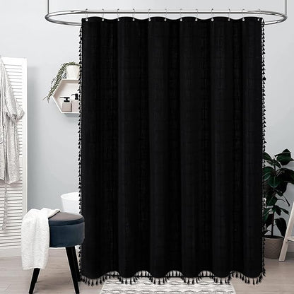 BTTN Extra Long Shower Curtain - 72x96 Inch Long Boho Chic Linen Fabric Heavy Duty Shower Curtain Set with Hooks, Tall Bohemian Farmhouse Luxury Tassel Cloth Shower Curtains for Bathroom - Black
