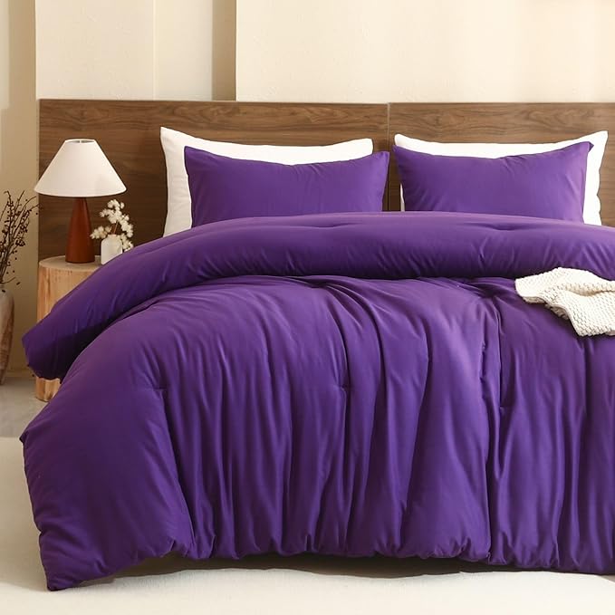 Paxrac Dreamy Purple Comforter Set Full Size, 3 Pieces Romantic Style Comforter Set, Lightweight Solid Bedding Set, All Seasons Soft Fluffy Full Bed Set (80x90In Comforter & 2 Pillowcases)