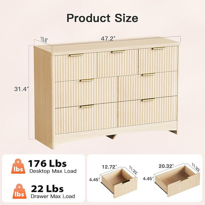Pipishell Fluted 7 Drawers Dresser, Modern Wood Chest of Drawers, Dressers with Round Edge Design, Dresser TV Stand, Wood Drawer Organizer for Bedroom, Living Room, Hallway, Natural Oak