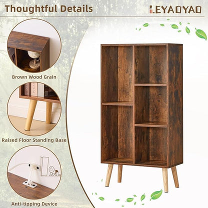 LEYAOYAO 5 Cube Small Bookshelf,3 Tier Mid-Century Bookcase with Legs,Wood Bookshelves Storage Organizer Shelf,Narrow Book Shelves,Brown Bookcases