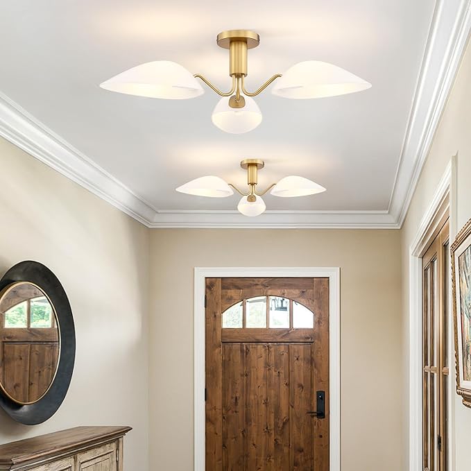 Modern Gold 3-Light Ceiling Light with Opal White Glass Shade Semi Flush Mount Ceiling Light for Living Room Hallway Sputnik Chandelier Lighting Fixture
