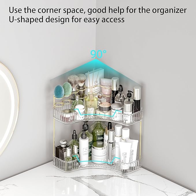Makeup Organizer Countertop 2 Tier, Corner Bathroom Countertop Organizer with Toothbrush and Makeup Brush Holder, Corner Vanity Skincare Organization