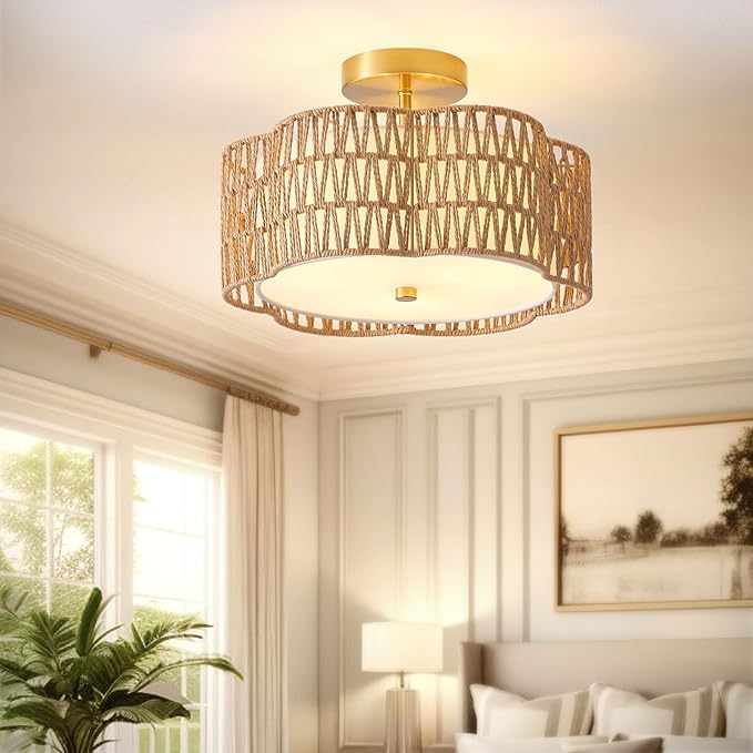 13.6" Boho Light Fixtures Flush Mount, 3-Light Rattan Ceiling Light Fixtures Flush Mount Gold for Bedroom, Flower-Shaped Close to Ceiling Light Fixture for Hallway Kitchen Dining Room(Yellow)