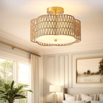 13.6" Boho Light Fixtures Flush Mount, 3-Light Rattan Ceiling Light Fixtures Flush Mount Gold for Bedroom, Flower-Shaped Close to Ceiling Light Fixture for Hallway Kitchen Dining Room(Yellow)