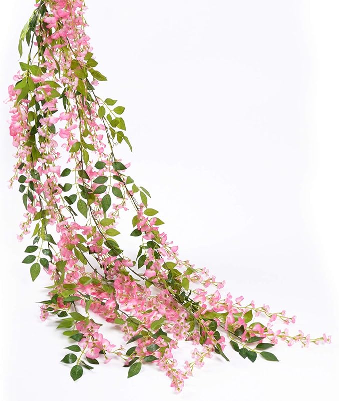 Lvydec Wisteria Artificial Garland, 4 Pcs Total 28.8ft Artificial Wisteria Vine Silk Hanging Flower for Home Garden Outdoor Ceremony Wedding Arch Floral Decor (Pink)