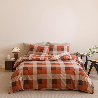 CLOTHKNOW Oange Brown Khaki Comforter Set Twin/Twin XL Buffalo Check Bedding Comforter Sets Plaid Comforter Soft Lightweight Fluffy