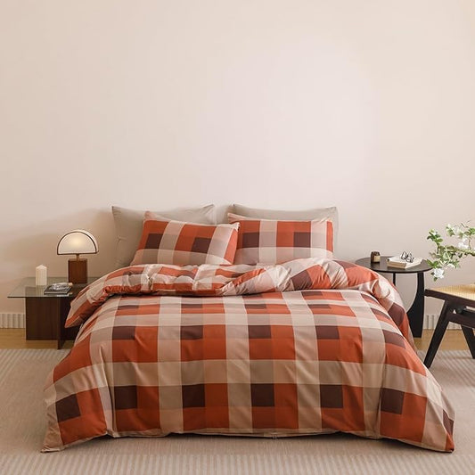 CLOTHKNOW Oange Brown Khaki Comforter Set Twin/Twin XL Buffalo Check Bedding Comforter Sets Plaid Comforter Soft Lightweight Fluffy
