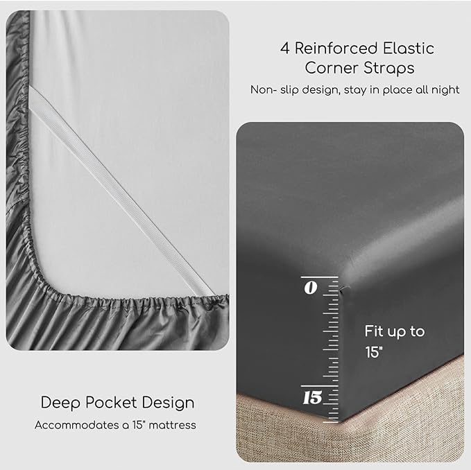 MR&HM Satin Bed Sheets, King Size Sheets Set, 4 Pcs Silky Bedding Set with 15 Inches Deep Pocket for Mattress (King, Dark Grey)