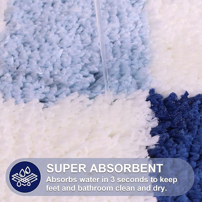 ORTIGIA Cute Blue Checkered Scalloped Bath Mat, Fun Plush Microfiber Bathroom Rugs Non Slip Washable Quick Dry Absorbent, Bath Rug for Shower Stall Vanities Kitchen Floor Entrance, 20x32