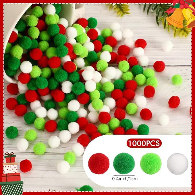 SEPGLITTER Christmas Pom Poms Balls, 1000 Pieces Red Light Green White Mini Pompoms for Crafts Making DIY Art Holiday Christmas Decorations Supplies (4 Colors, 1cm )