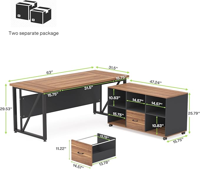 Tribesigns 63-Inch Executive Desk with 47-Inch Mobile File Cabinet, Large Home Office Desk with Drawers and Storage Shelves, L-Shaped Computer Desk Workstation Business Furniture, Walnut & Gray