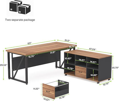 Tribesigns 63-Inch Executive Desk with 47-Inch Mobile File Cabinet, Large Home Office Desk with Drawers and Storage Shelves, L-Shaped Computer Desk Workstation Business Furniture, Walnut & Gray