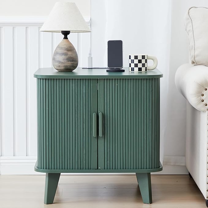 24" Vintage End Table, Nightstands Set of 2, Mid-Century Fluted End Table with Charging Station, Wood Side Table with Storage & Sliding Door for Sofa, Couch, Bed (Square, Green)