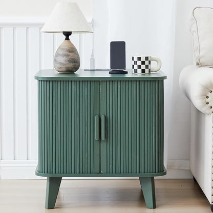 24" Vintage End Table, Nightstands Set of 2, Mid-Century Fluted End Table with Charging Station, Wood Side Table with Storage & Sliding Door for Sofa, Couch, Bed (Square, Green)