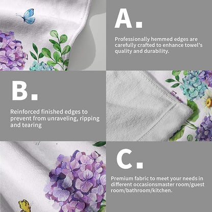 Hydrangea Daisy Kitchen Towels Set of 2 Blue Purple Floral Butterfly Absorbent Hand Tea Dish Towels Green Leaf 16x24 Tabletop Decor