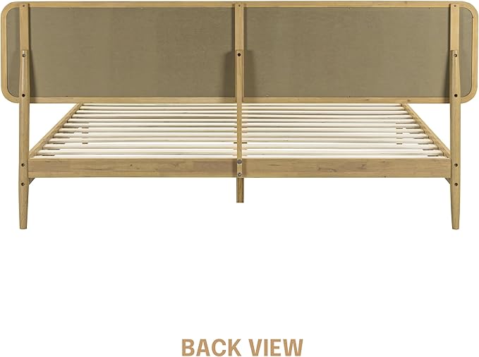 NTC Lupin Wooden Bed Frame with Headboard, Solid Oak and Rubber Wood Foundation with Silent Slats and Wood Central Supports, 1000 Lb Capacity, King - Sand