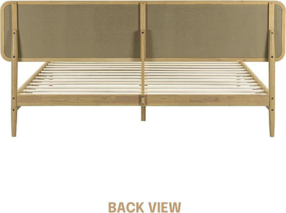 NTC Lupin Wooden Bed Frame with Headboard, Solid Oak and Rubber Wood Foundation with Silent Slats and Wood Central Supports, 1000 Lb Capacity, King - Sand