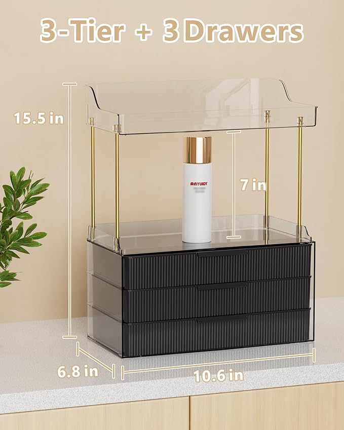 Bathroom Organizers and Storage, Makeup Organizer (Sturdy Durable Attractive), Ideal for Vanity, Countertop, Counter, Perfume, Skincare, Cabinet, Cosmetic, Dresser Organizer (Deep Black)